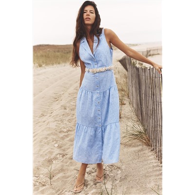 MIDI DRESS WITH BELT LINEN BLEND