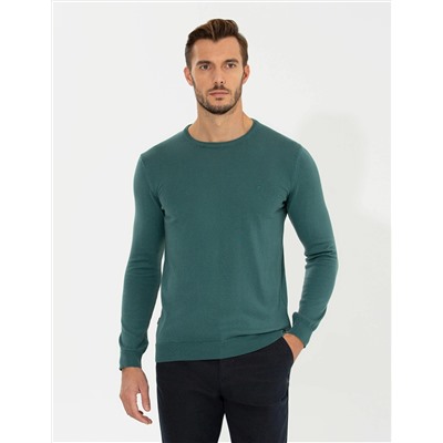 Yeşil Slim Fit Bisiklet Yaka Basic Triko Kazak