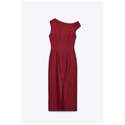 LINEN BLEND DRAPED MIDI DRESS