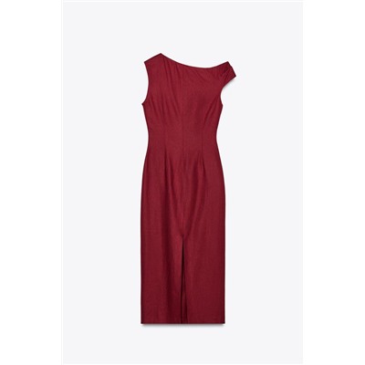 LINEN BLEND DRAPED MIDI DRESS