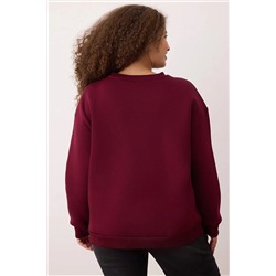 Bordo Kalın İçi Polarlı Oversize/Bol Kesim Slogan Nakışlı Örme Büyük Beden Sweatshirt TBBAW26AO00008