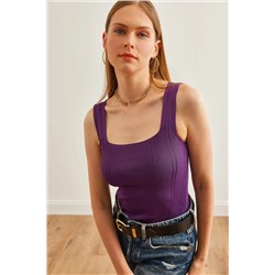 Olalook, Kadın Mor Kare Yaka Fitilli Eteği Detaylı Crop Triko Bluz BLZ-19001872