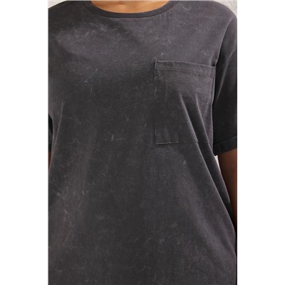 Antrasit Bisiklet Yaka Yıkamalı Örme Büyük Beden T-shirt Elbise TBBSS25AH00007