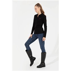 Kadın Siyah Polo Yaka Basic Sweatshirt