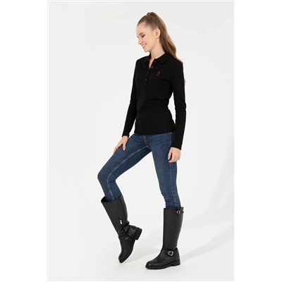 Kadın Siyah Polo Yaka Basic Sweatshirt