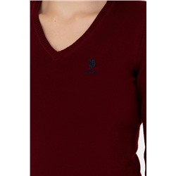 Kadın Bordo V - Yaka Basic Kazak