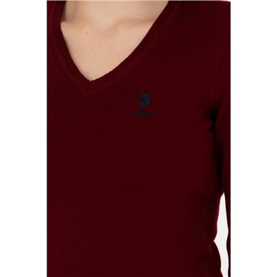 Kadın Bordo V - Yaka Basic Kazak