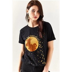 Olalook, Kadın Siyah Moon T-shirt TSH-19000299