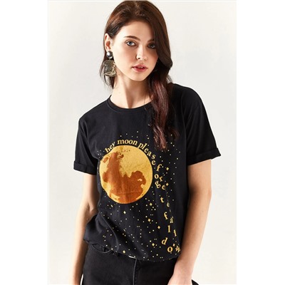 Olalook, Kadın Siyah Moon T-shirt TSH-19000299
