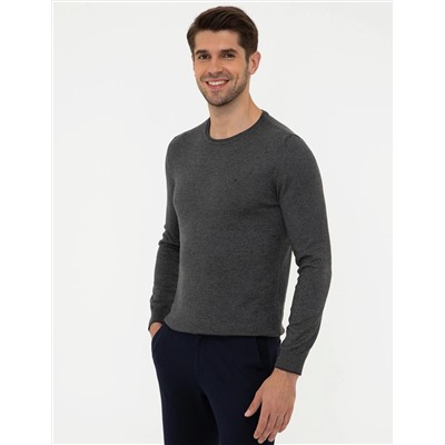 Gri Melanj Slim Fit Bisiklet Yaka Basic Triko Kazak