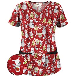UA Holiday Cheer Red Print Scrub Top