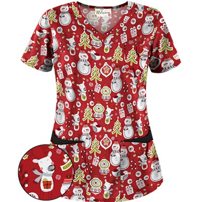 UA Holiday Cheer Red Print Scrub Top