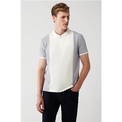 Avva Erkek Gri-beyaz Polo Yaka Parçalı Fermuarlı Ribanalı Standart Fit Normal Kesim T-shirt A31y1186 A31Y1186