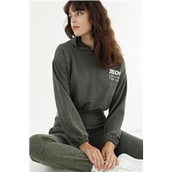 Siyah İnci Gri Cepli Kapişonlu Crop Eşofman-sweatshirt Takım 21278091
