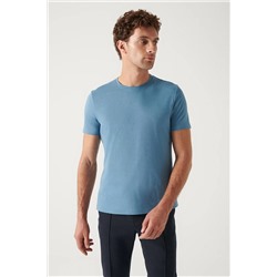 İndigo %100 Pamuk Nefes Alan Bisiklet Yaka T-Shirt