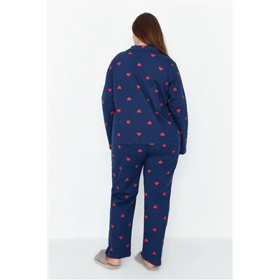 Lacivert Kalpli Gömlek Yaka Örme Pijama Takımı TBBAW23AI00019