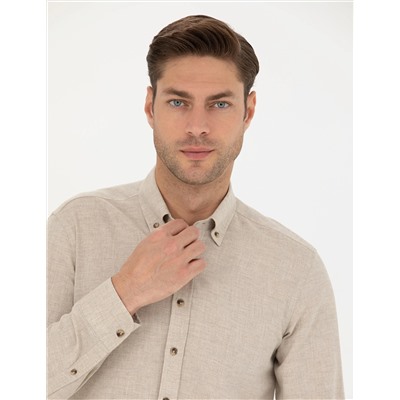 Bej Slim Fit Uzun Kollu Gömlek
