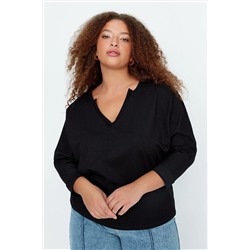 Trendyol Curve Siyah V Yaka Pat Detaylı Örme İnce Sweatshirt TBBAW23BF00006