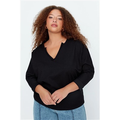 Trendyol Curve Siyah V Yaka Pat Detaylı Örme İnce Sweatshirt TBBAW23BF00006