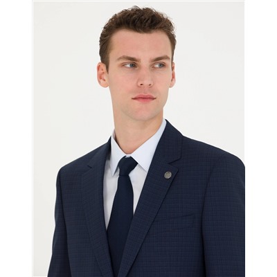 Kareli Lacivert Slim Fit Takım Elbise
