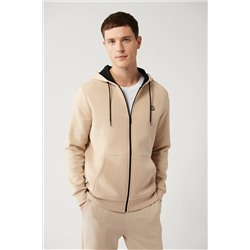 Avva Erkek Bej Kapüşonlu Yaka Içi Polarlı 3 Iplik Fermuarlı Standart Fit Normal Kesim Unisex Sweatshirt E E001019