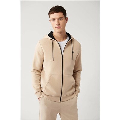Avva Erkek Bej Kapüşonlu Yaka Içi Polarlı 3 Iplik Fermuarlı Standart Fit Normal Kesim Unisex Sweatshirt E E001019
