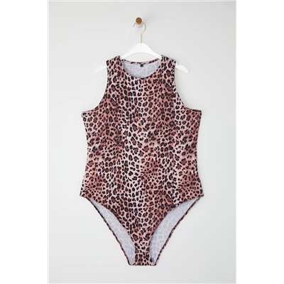 Açık Kahverengi Leopar Desenli Halter Yaka Esnek Alttan Çıtçıtlı Örme Body TBBSS25CS00000