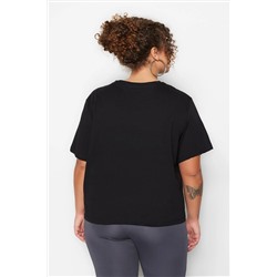 Siyah Bisiklet Yaka Dikiş Detaylı %100 Pamuk Örme Crop T-Shirt TBBSS23BF00037