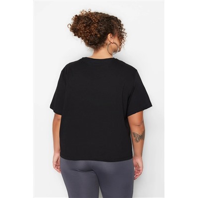 Siyah Bisiklet Yaka Dikiş Detaylı %100 Pamuk Örme Crop T-Shirt TBBSS23BF00037