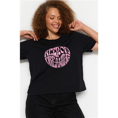 Siyah Regular Slogan Baskılı Crop Boy %100 Pamuk Örme Büyük Beden T-shirt TBBSS23BF00069