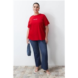 Kırmızı Slogan Baskılı Oversize %100 Pamuk Örme Büyük Beden T-shirt TBBSS24BF00018