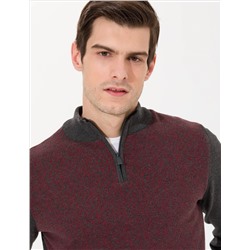 Gri Melanj Slim Fit Fermuarlı Dik Yaka Triko Kazak