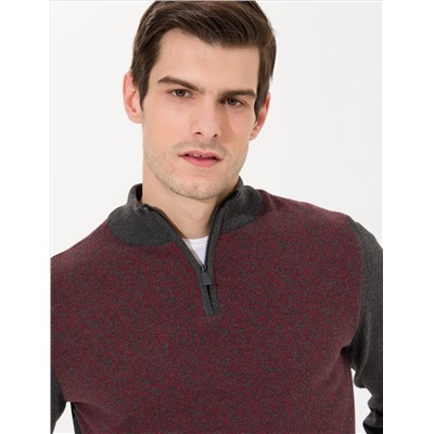 Gri Melanj Slim Fit Fermuarlı Dik Yaka Triko Kazak