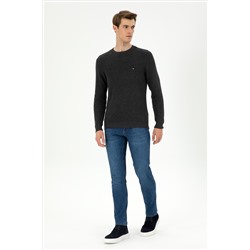 Erkek Slim Fit Bisiklet Yaka Antrasit Melanj Basic Kazak