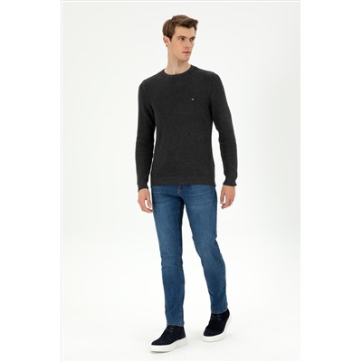 Erkek Slim Fit Bisiklet Yaka Antrasit Melanj Basic Kazak