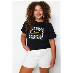 Siyah Bisiklet Yaka Baskılı %100 Pamuk Örme T-Shirt TBBSS23BF00025