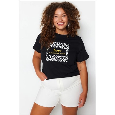 Siyah Bisiklet Yaka Baskılı %100 Pamuk Örme T-Shirt TBBSS23BF00025