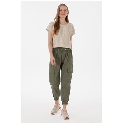 Kadın Koyu Haki Jogger Fit Kanvas Pantolon