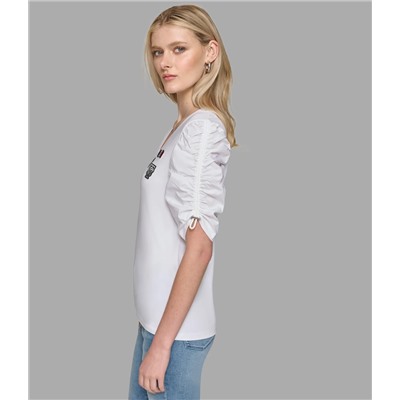 RUCHED SHORT SLEEVE TOP WITH PINS