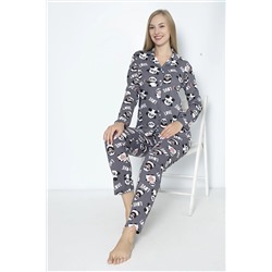 Burki Füme Kadın Panda Desenli Uzun Kollu Gömlek Takımı BK2308-002
