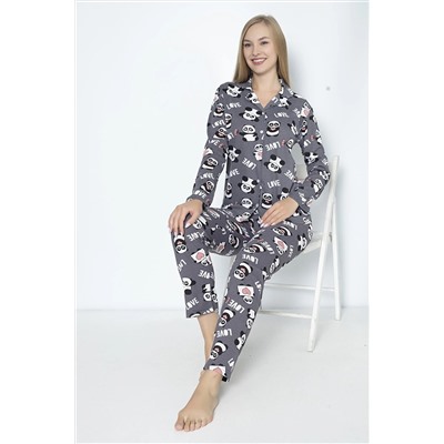 Burki Füme Kadın Panda Desenli Uzun Kollu Gömlek Takımı BK2308-002