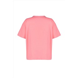 Pembe Geniş Kalıp Baskılı Bisiklet Yaka %100 Pamuk Örme T-shirt TBBSS23BF00015
