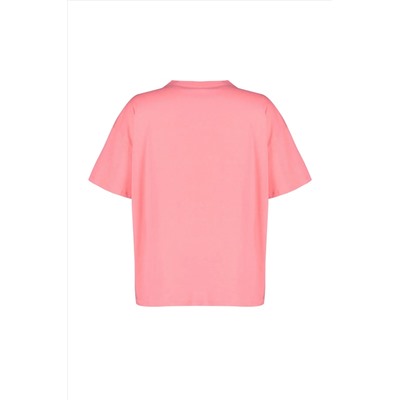 Pembe Geniş Kalıp Baskılı Bisiklet Yaka %100 Pamuk Örme T-shirt TBBSS23BF00015