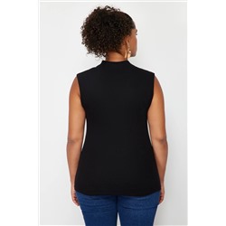 Siyah Fermuarlı %100 Pamuk Fitilli Kaşkorse Örme Büyük Beden Bluz TBBSS24AF00040