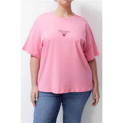 Pembe Baskılı Oversize %100 Pamuk Örme T-shirt TBBSS24BF00011
