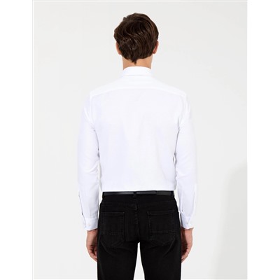 Beyaz Slim Fit Armürlü Uzun Kollu Gömlek