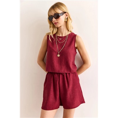 Olalook, Kadın Bordo Üst Sırtı Düğmeli Bluz Alt Cepli Şort Takım TKM-19000384