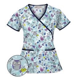 UA Doodle Owl Angel Blue Mock Wrap Scrub Top