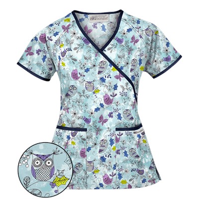 UA Doodle Owl Angel Blue Mock Wrap Scrub Top