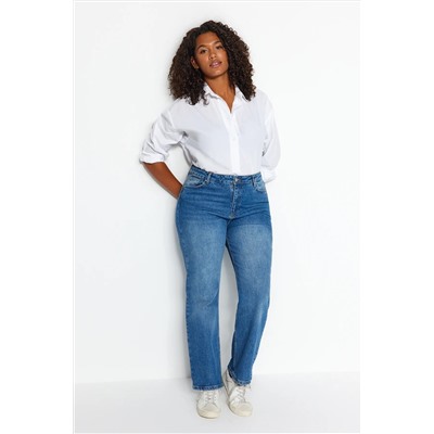 More Sustainable Koyu Mavi Yüksek Bel Comfort Straight Fit Büyük Beden Jeans TBBAW24CJ00045